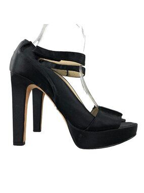 Bebe Women's Size 7M Black Satin Open Toe Platform Ultra High Heel Sandals Shoes